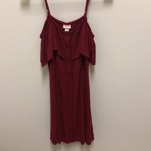Maroon off the shoulder, button up dress